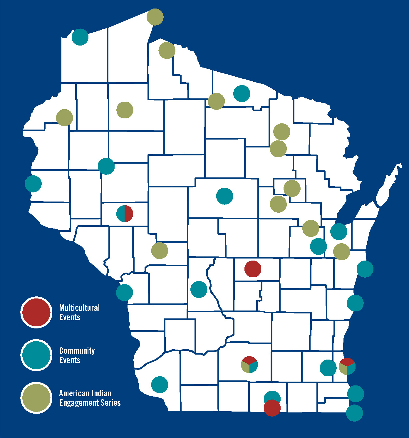 Map of Wisconsin showing the areas where listening sessions took place